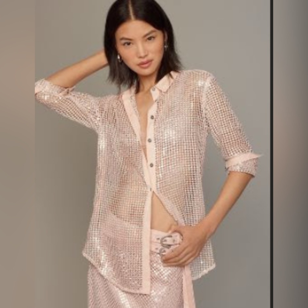 Anthropologie Pilcro Long-Sleeve Chainmail Buttondown Blouse